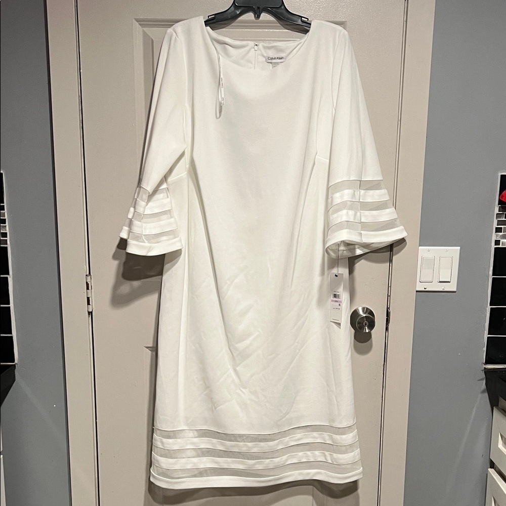Calvin Klein White Dress Womens 22W Sheath Bell Sleeve Modern Minimal Office - Picture 2 of 12